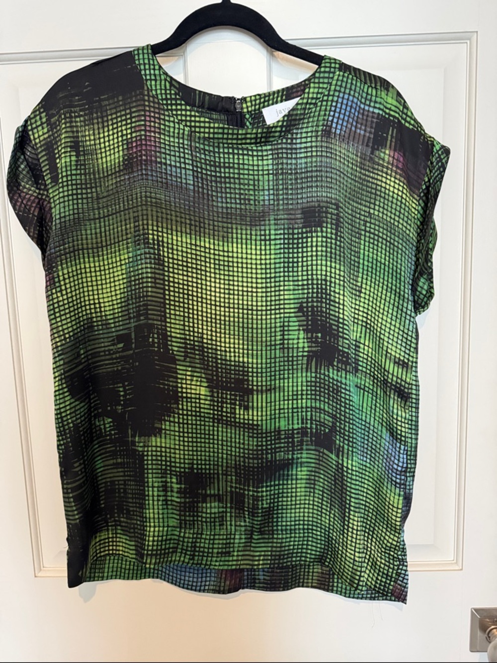Green Grid Print Short Sleeve Blouse